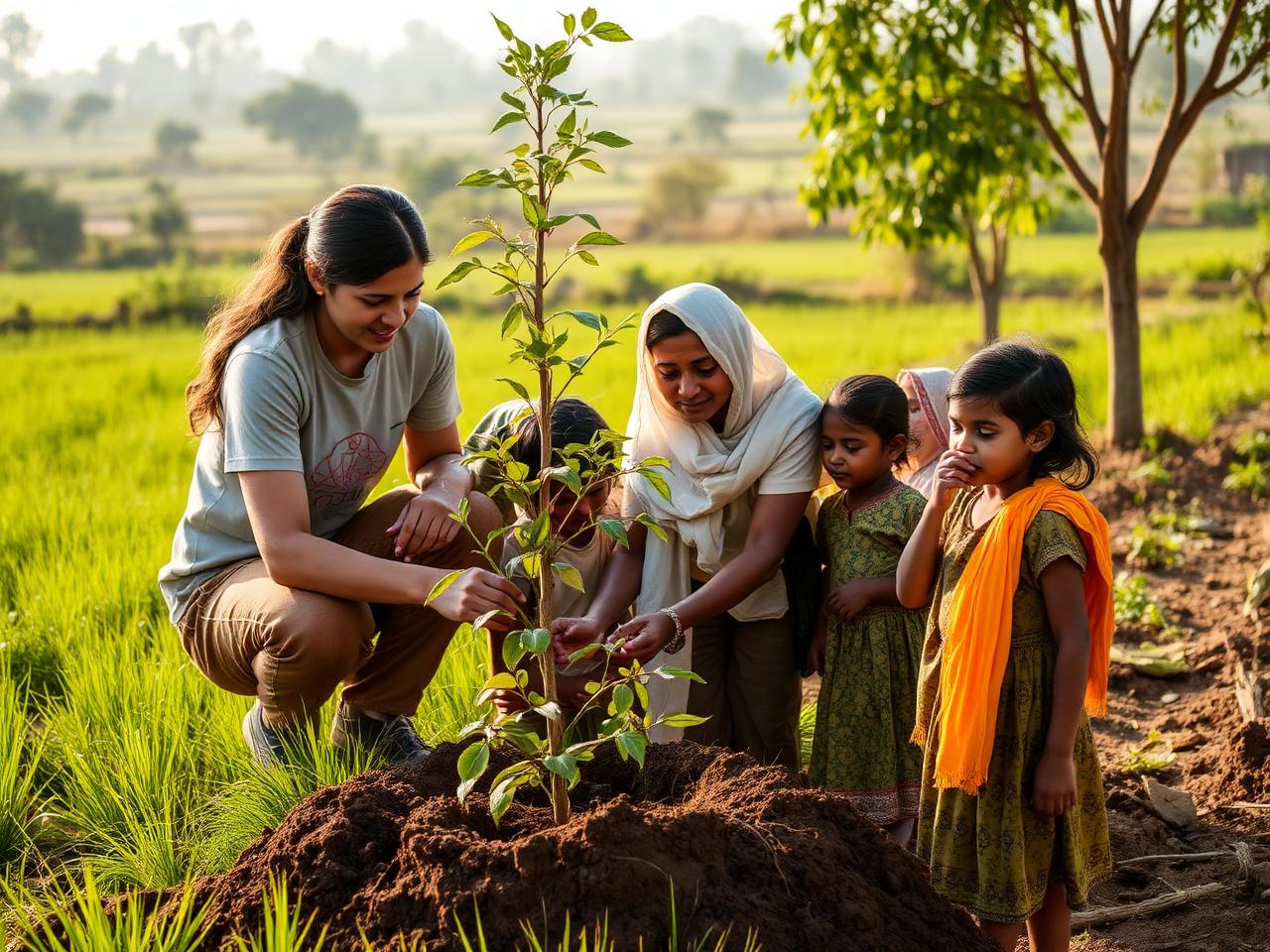 Volunteers planting trees with children in a village